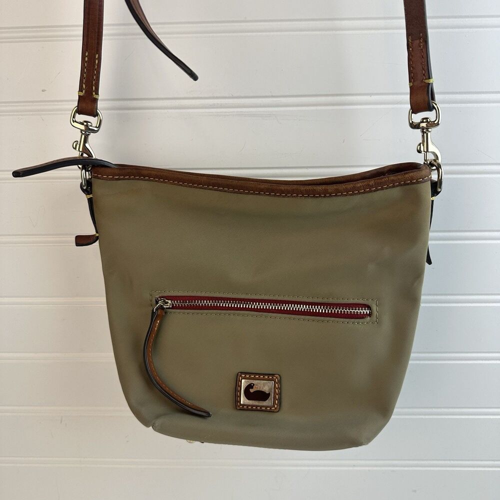 Dooney & Bourke Taupe Nylon Wayfarer Mini Hobo Leather Crossbody Strap Trim Used